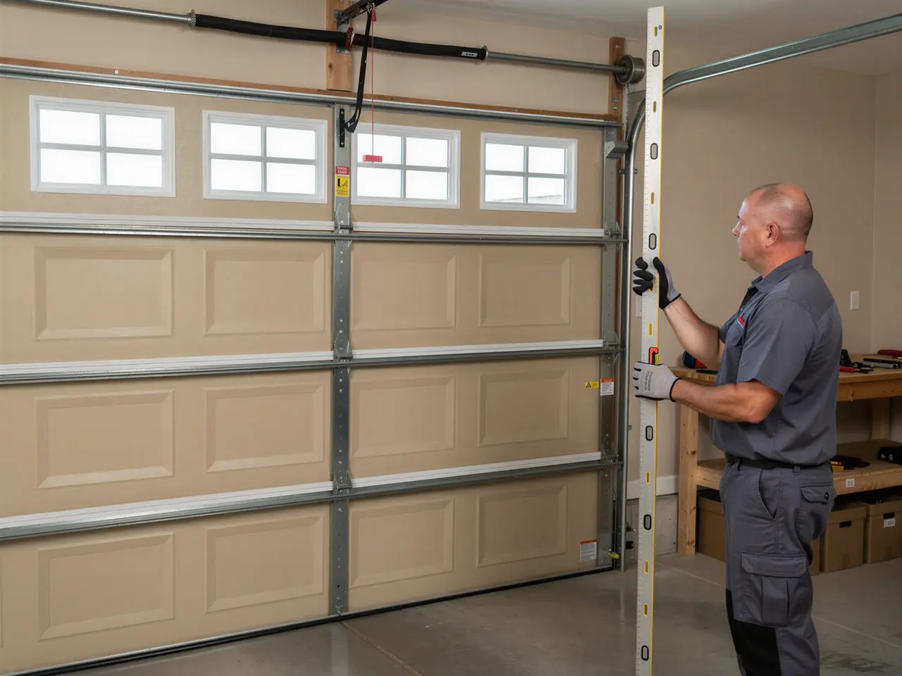 A technician uses a level to check the beige garage door.