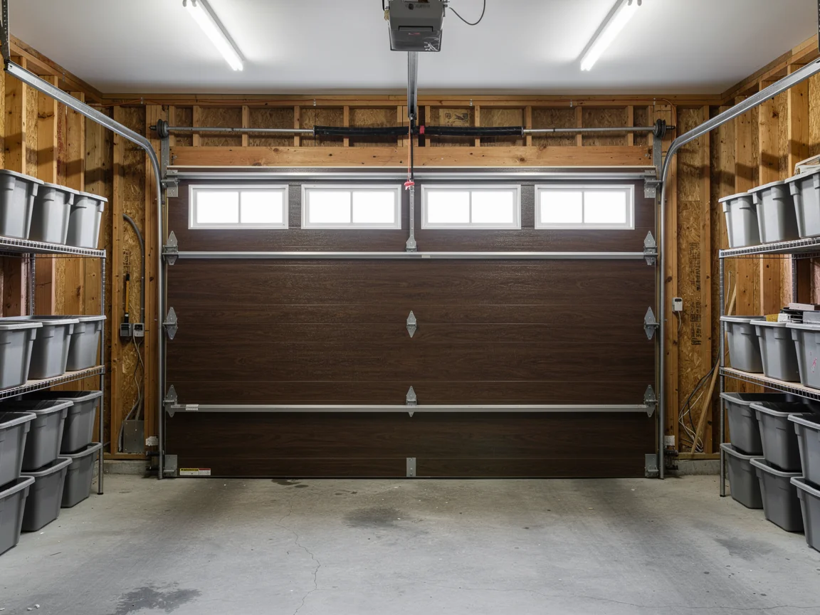A brown garage door with windows is closed in a garage with storage shelves.