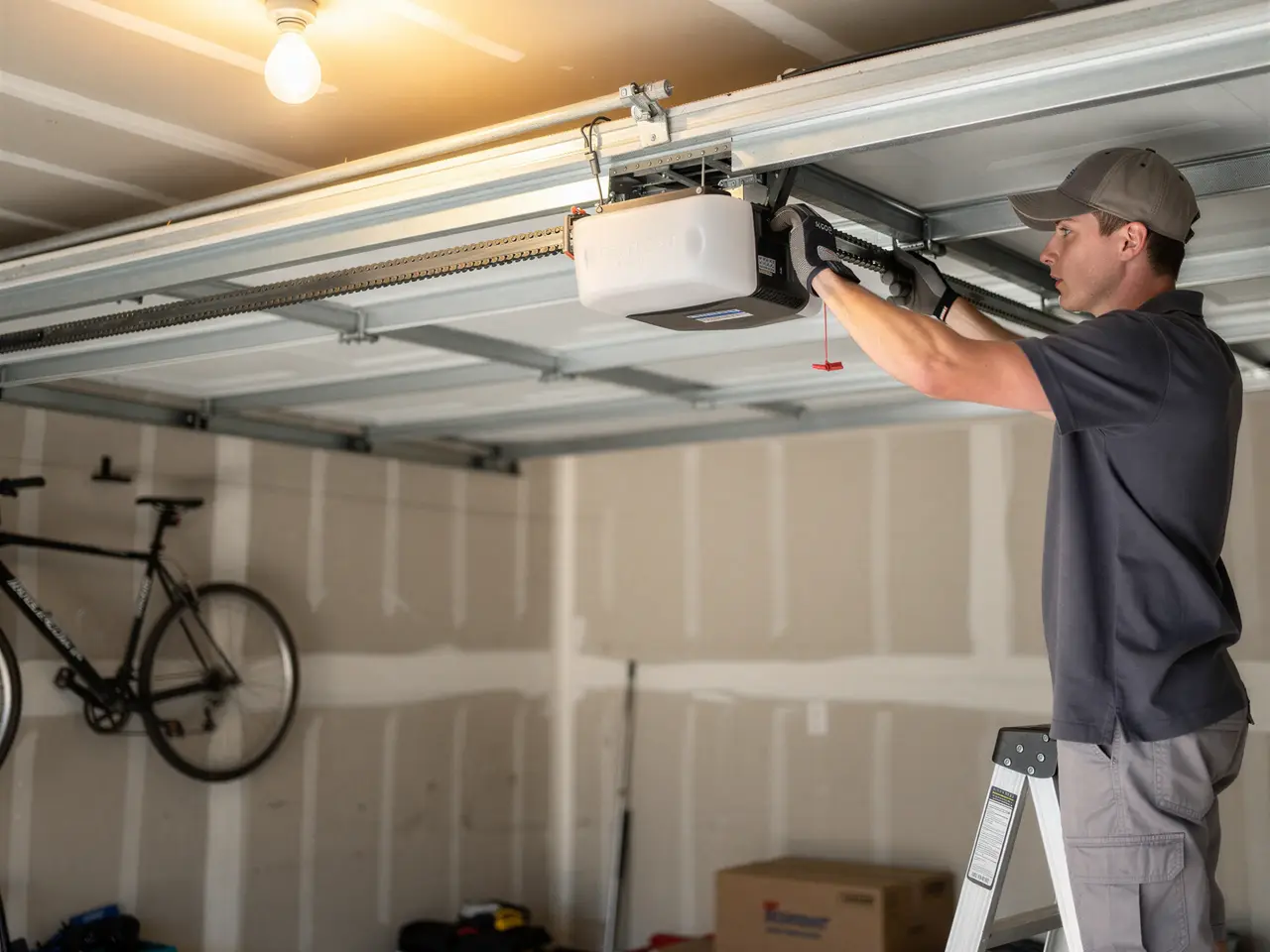 A technician on a ladder installs a garage door opener with a chain drive.